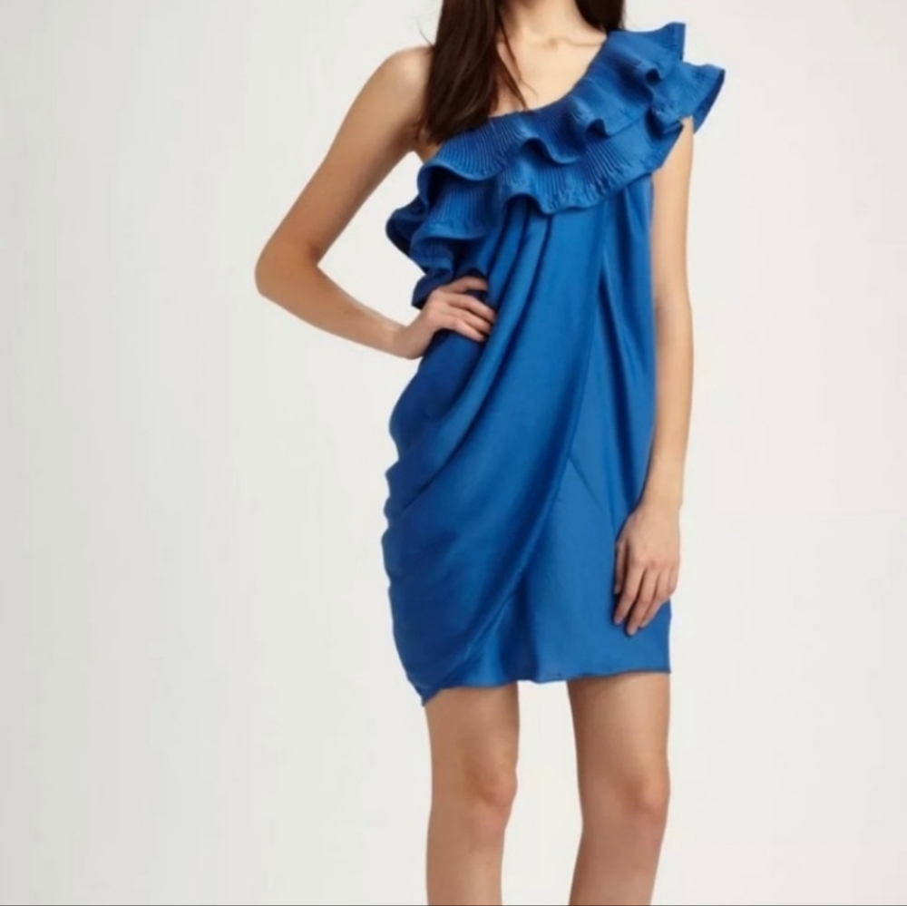 NWT BCBG MAXAZRIA Blue One Shoulder Ruffle Dress Size XS